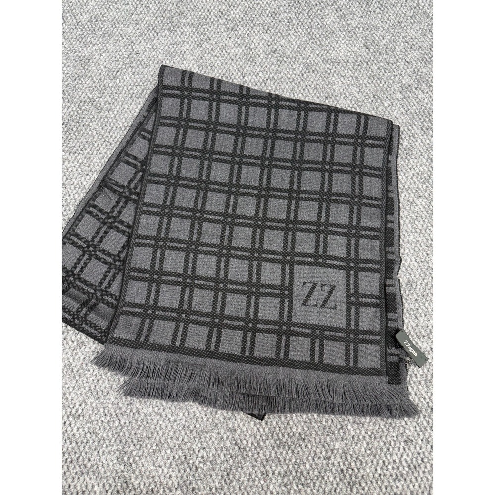 Z Zegna 100% Wool Scarf Wrap Men's Gray Black Plaid Fringe Edge Italy